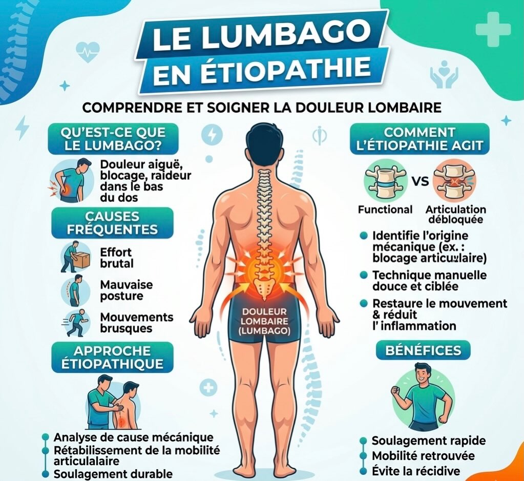 Infographie pédagogique sur le traitement du lumbago par l'étiopathie